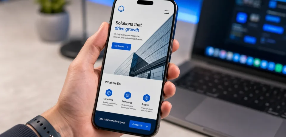 mobile-responsive-website-check Business owner checking a mobile-friendly website design on smartphone for better user experience